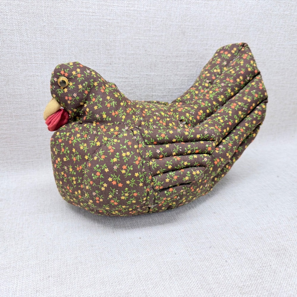 Vintage Quilted Fabric Chicken Hen Figurine Brown Floral Calico Farmhouse Decor